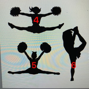 May include: Three black silhouettes of cheerleaders in various poses. Number 4 shows a cheerleader in a jump with pom-poms. Number 5 shows a cheerleader in a split with pom-poms. Number 6 shows a cheerleader in a standing balance pose.