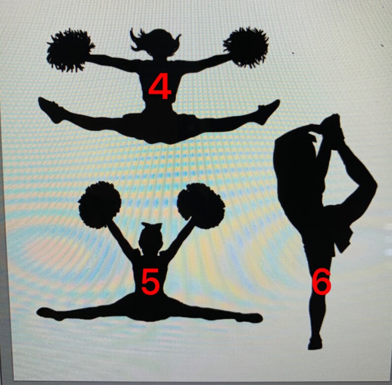 May include: Three black silhouettes of cheerleaders in various poses. Number 4 shows a cheerleader in a jump with pom-poms. Number 5 shows a cheerleader in a split with pom-poms. Number 6 shows a cheerleader in a standing balance pose.