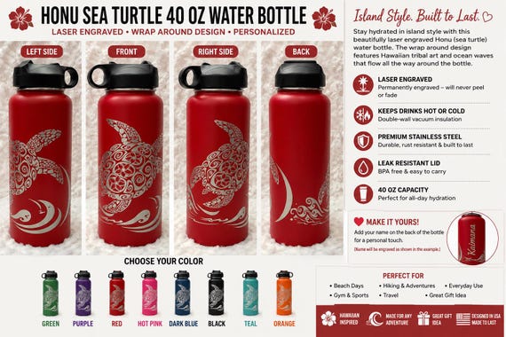 Personalized Hawaiian Honu Sea Turtle 40 oz Water Bottle, Laser Engraved Stainless Steel Bottle, Custom Name Beach Gift for Him Her