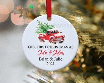 Christmas ornaments, Personalize ornaments, Our first Christmas, Ornament ,Personalized Red Truck Ornament,Our First Christmas as Mr. & Mrs
