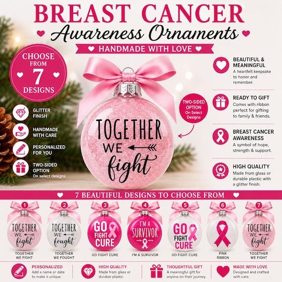Breast Cancer Awareness Ornament, Personalized Pink Ribbon Gift, Survivor Christmas Ornament, Glass or Plastic,  Awareness Ornament
