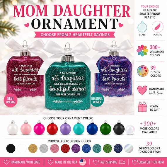 Mother Daughter Christmas Ornament – All Daughters Gift for Mom | Glass or Plastic Family Keepsake Ornament for Christmas Tree Decor