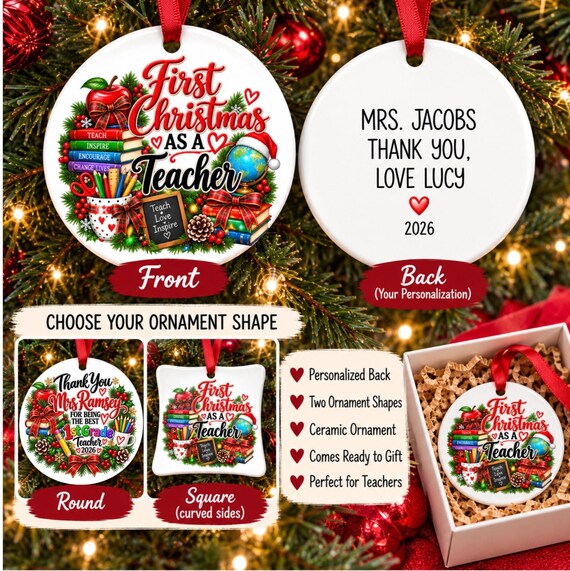 Personalized Teacher Christmas Ornament, First Christmas as a Teacher, Thank You Gift from Student, Teacher Ornament, Teachers Gift