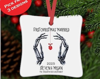 Skull Ornament, Christmas Tree Ornament, Couples Personalized Ornament, Ceramic ornament For Newlyweds, Spooky ornament, christmas.