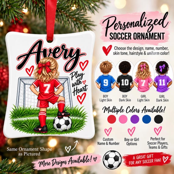Personalized Soccer Christmas Ornament, Custom Soccer Player Ornament, Boy Girl Soccer Gift, Custom Name Number, Youth Soccer Ornament