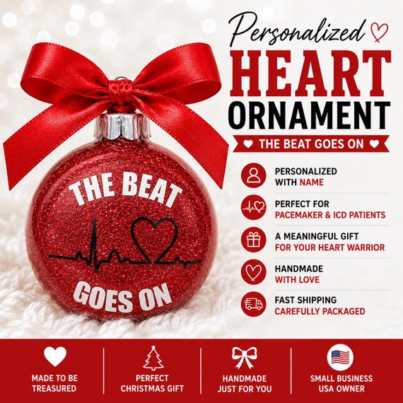 Personalized Heart Ornament, Pacemaker Ornament, ICD Ornament, Heart Transplant Gift, Heart Survivor Gift, Cardiac Patient Christmas, Heart