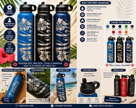 Personalized Hawaiian Water Bottle, Hibiscus Laser Engraved Stainless Steel Tumbler, Custom Name Flask, Tropical Aloha Gift, Hawaiian Gift