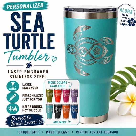 Personalized Sea Turtle Tumbler, Laser Engraved Hawaiian Honu Tumbler, Stainless Steel Travel Mug, Beach Lover Gift, Ocean Cup