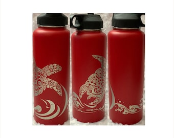Tribal wrap flask, Honu flask, Sea turtle water bottle, Personalized flask, Laser etched tumbler,Honu Sea Turtle, Hawaiian Tribal flask,