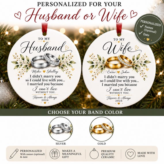 Personalized Husband Ornament, Personalized Wife Ornament ,Custom Anniversary Gift with Names & Date , Wedding Keepsake Christmas Ornament,