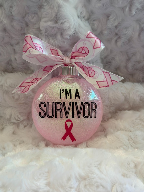 Breast Cancer Ornament, Personalized Breast Cancer Christmas Ornament, Cancer Survivor Gift, Pink Ribbon Ornament, Glass Plastic Colors