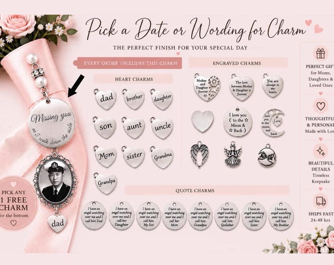 Featured listing image: Wedding bouquet,Memorial photo charm,Bridal Bouquet Memorial, Memorial Bouquet Charm, Memorial charm for Wedding,Wedding Photo Tassel,Bride,