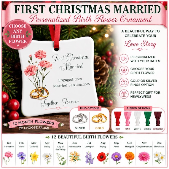 First Christmas Married Ornament, Personalized Wedding Ornament with Birth Flowers, Newlywed Gift, Couples Ornament, Engaged Gift