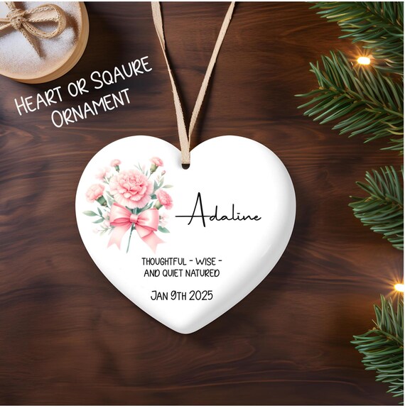 Birth month Flower, Heart Ornament, Custom Ceramic Keepsake, Personalized ornament, Gift for new baby,Christmas tree ornamnet