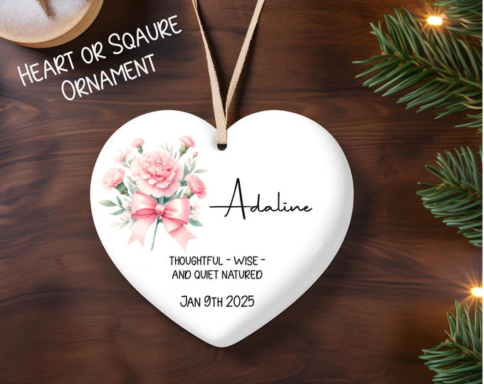Featured listing image: Heart shaped Birth flower Ornament, Birth flower, Christmas Ornaments, Flower Ornament,  Personalized birth flower ornament