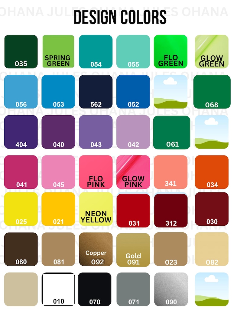 May include: A color chart titled DESIGN COLORS featuring a grid of thirty-six square swatches. Each swatch displays a unique color, including various shades of green, blue, purple, pink, orange, yellow, red, brown, gold, white, black, and gray.