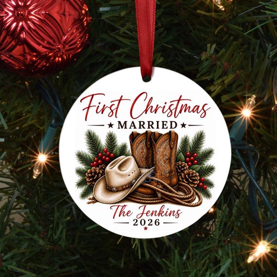 Personalized First Christmas Ornament, Newlywed Christmas Ornament, Name & Wedding Date Ornament, Personalized Ornament, Christmas, Rodeo