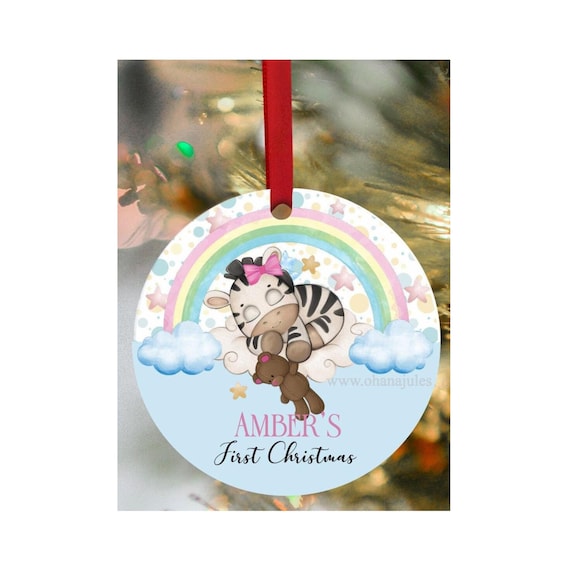 Personalized Baby's First Christmas Ornament: Zebra Rainbow Ceramic