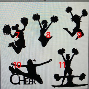 May include: A collection of five black silhouettes of cheerleaders in various poses, labeled with the numbers 7, 8, 9, 10, and 11. The figures hold pom-poms, jump, and perform stunts. The word CHEER is integrated into the silhouette labeled number 10.