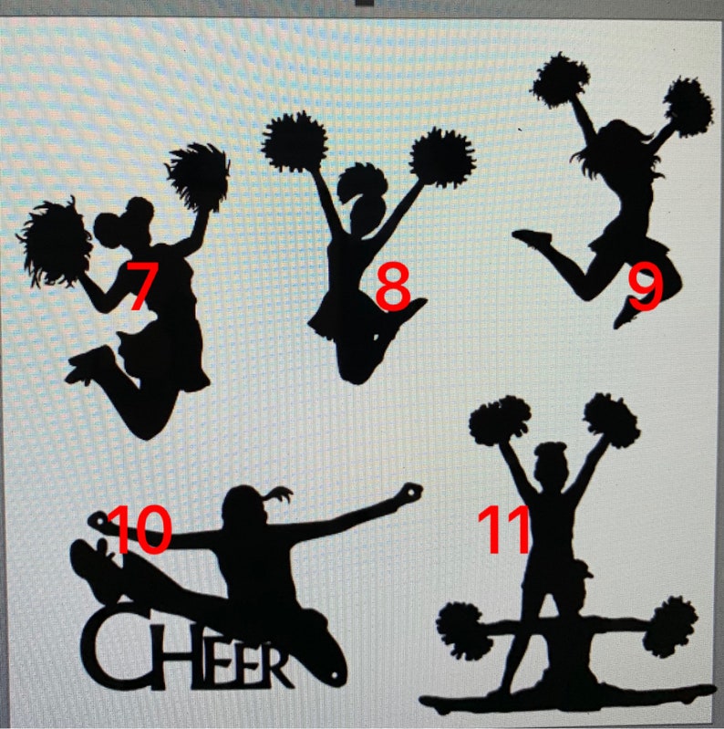 May include: A collection of five black silhouettes of cheerleaders in various poses, labeled with the numbers 7, 8, 9, 10, and 11. The figures hold pom-poms, jump, and perform stunts. The word CHEER is integrated into the silhouette labeled number 10.