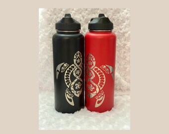 Honu flask, Tribal turtle water bottle, Personalized flask, Laser-etched tumbler, Custom name flask, Hawaiian flask, Tropical flask, Aloha