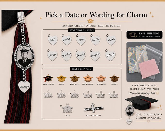 Featured listing image: Graduation Memorial Photo Charm, Custom Grad Cap Keepsake, In Loving Memory Tassel Charm, Senior Tribute Gift, Loss of Loved One, Grad gift