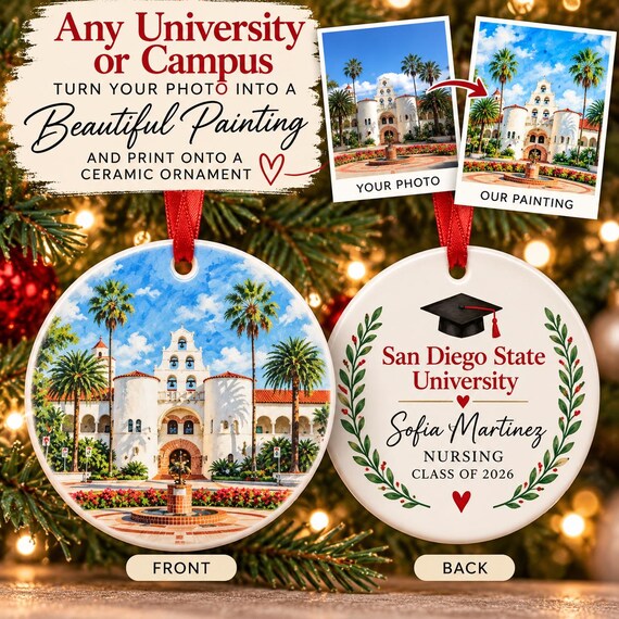 Personalized College Campus Ornament, Custom University Christmas Ornament, Graduation Gift, College Keepsake, Campus Photo Painting