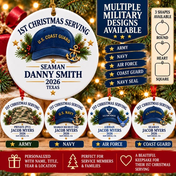 Personalized Military Christmas  Ornament, Army Navy Air Force Coast Guard Christmas Ornament, Custom Service Member Gift. Military Ornament