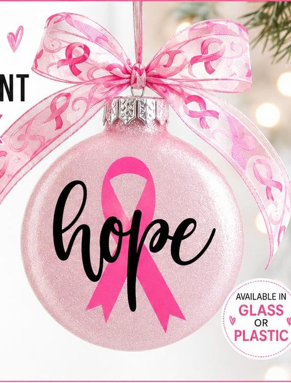 Breast Cancer Ornament, Personalized Breast Cancer Christmas Ornament, Cancer Survivor Gift, Pink Ribbon Ornament, Glass Plastic Colors