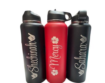 Personalized 40oz Water Bottle, Laser-Etched Flask,  Hibiscus ,Hawaiian Shaka, Personalized Water Bottle,  Laser Etched Flask, Custom Flask