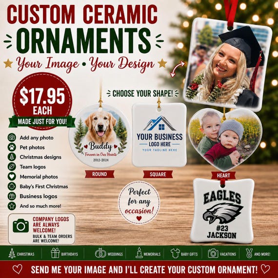 Personalized Custom Photo Ornament, Photo Ornament,  Pet & Memorial Ornament, Business Logo Ornament,  Picture Ornament, Ceramic Ornament