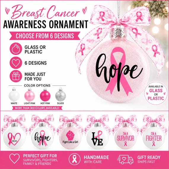 Breast Cancer Ornament, Personalized Breast Cancer Christmas Ornament, Cancer Survivor Gift, Pink Ribbon Ornament, Glass Plastic Colors