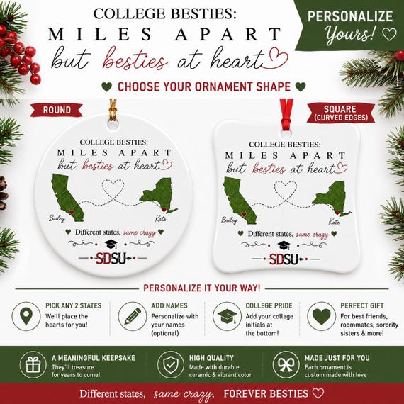 Personalized College Bestie Ornament, Long Distance Best Friend Gift, Big and Little Ornament, College Roommate Christmas Gift, Sorority