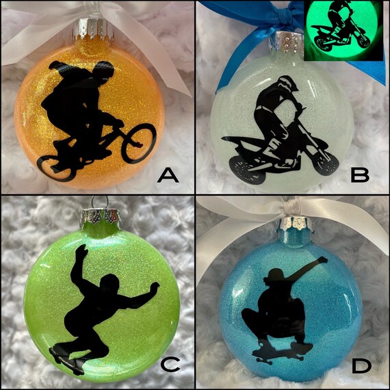 Dirt Bike, BMX, Football Ornament, Glass Ornament, Boys Ornaments, Personalized Ornament, Skater Ornament, Skateboarding