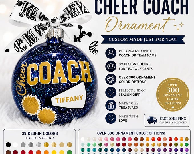 Featured listing image: Cheer Coach, Coach, Cheer Ornament, Coach Ornament, Cheerleader, Cheerleading Ornament, Personalized Cheer Team Ornament. Cheer Coach Gift
