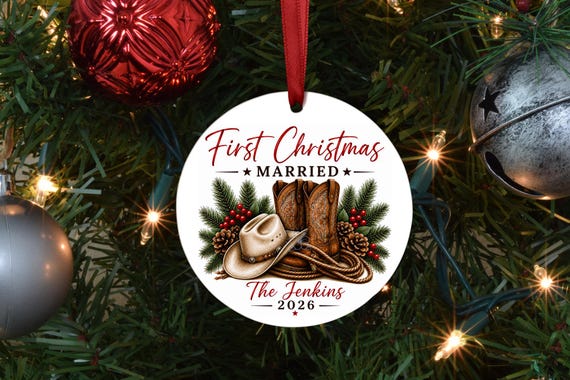 Personalized First Christmas Ornament, Newlywed Christmas Ornament, Name & Wedding Date Ornament, Personalized Ornament, Christmas, Rodeo