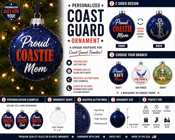 Coast Guard Ornament, Personalized Coast Guard Christmas Ornament, Proud Coastie Mom Gift, Coast Guard Family Gift, Military Ornament