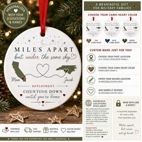 Personalized Deployment Ornament – Miles Apart Under the Same Sky Military Christmas Ornament, Custom State Map Gift for Military Families
