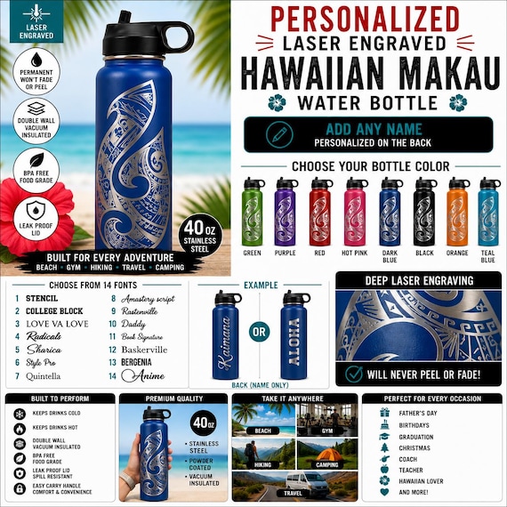Personalized Hawaiian Makau Water Bottle | Laser Engraved 40 oz Stainless Steel Tribal Flask with Custom Name