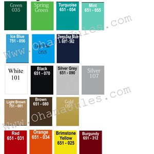 May include: A color chart displaying a variety of vinyl colors, including green, turquoise, and burgundy. Each color block is labeled with the color name and a corresponding code number. The text "Vinyl Colors" is at the top.