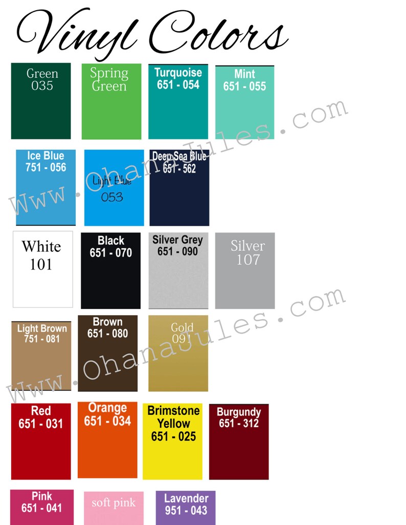 May include: A color chart displaying a variety of vinyl colors, including green, turquoise, and burgundy. Each color block is labeled with the color name and a corresponding code number. The text "Vinyl Colors" is at the top.