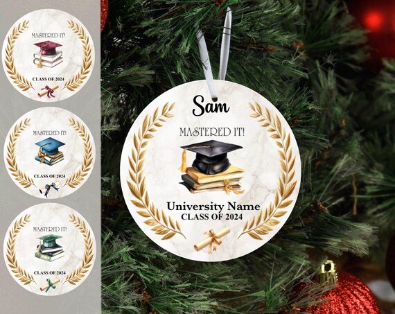 Ceramic Ornament, College Graduation, College ornament, High school ornament, Personalized ornament, diploma, Grad, cap, and gown