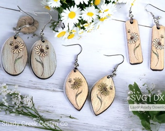 Spring Dangle Earring Laser File SVG and DXF Cut Files/Dangle Earring Digital Download/Floral Earring SVG/Daisy and Bee Earring Cut File
