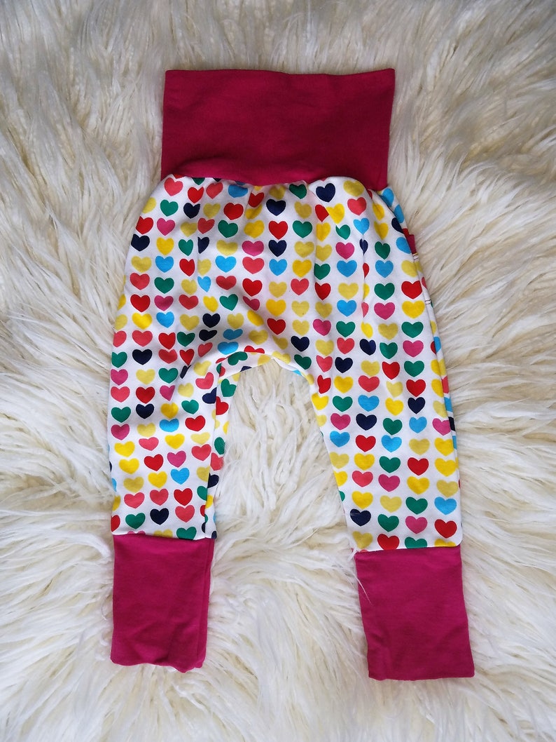 Rainbow Girls Pants Grow with me Pants Bunny Bottoms 3m to 12m Girly Pink Pants Girly grow with me Girls Pants Hearts