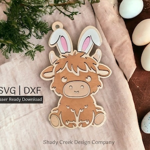 Vache Highland avec oreilles de lapin étiquette de panier de Pâques fichiers SVG et DXF pour découpeuse au laser/étiquette de panier en téléchargement numérique pour découpeuse laser/personnalisable