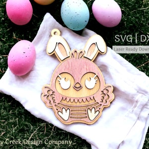 Poulet avec des oreilles de lapin étiquette de panier de Pâques fichiers SVG et DXF pour découpeuse au laser/étiquette de panier en téléchargement numérique pour découpeur laser/personnalisable