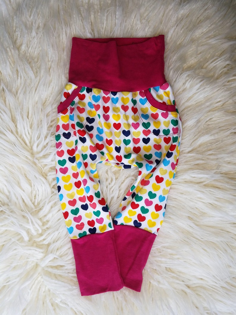 Rainbow Girls Pants Grow with me Pants Bunny Bottoms 3m to 12m Girly Pink Pants Girly grow with me Girls Pants Hearts
