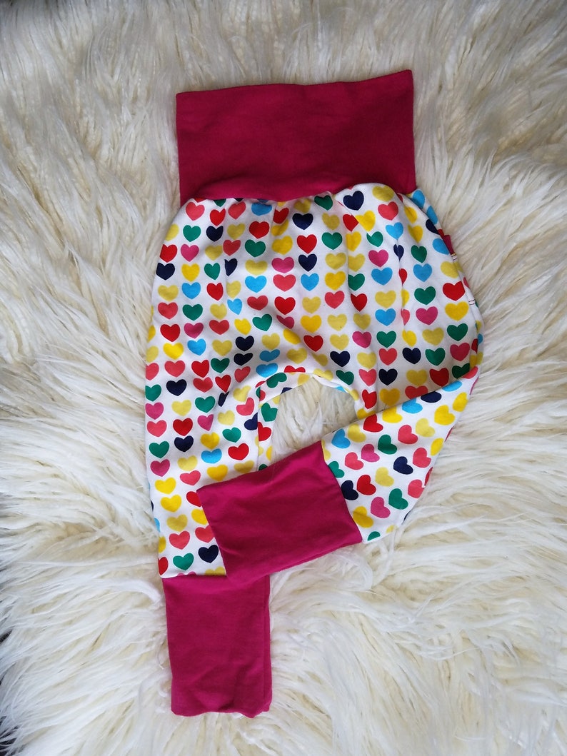 Rainbow Girls Pants Grow with me Pants Bunny Bottoms 3m to 12m Girly Pink Pants Girly grow with me Girls Pants Hearts