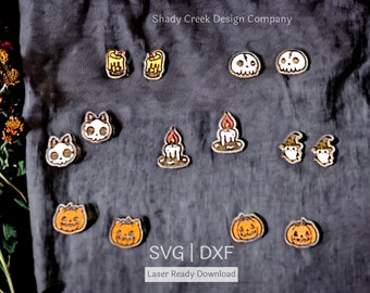 May include: A set of 10 Halloween-themed SVG and DXF laser-ready cut files. The designs include a pumpkin, a witch, a skull, and a candle.