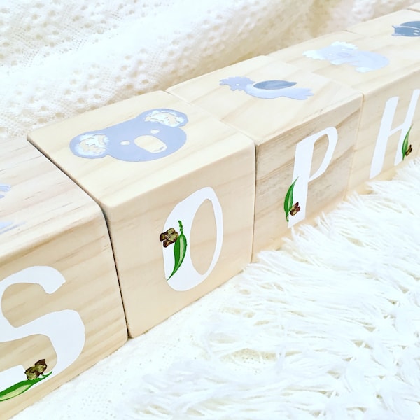 Personalised Wooden Letter Name Blocks in Australian Animals theme